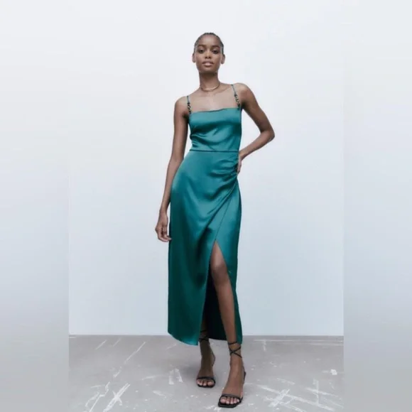 Zara | Dresses | Zara Emerald Green Satin Camisole Dress | Poshmark